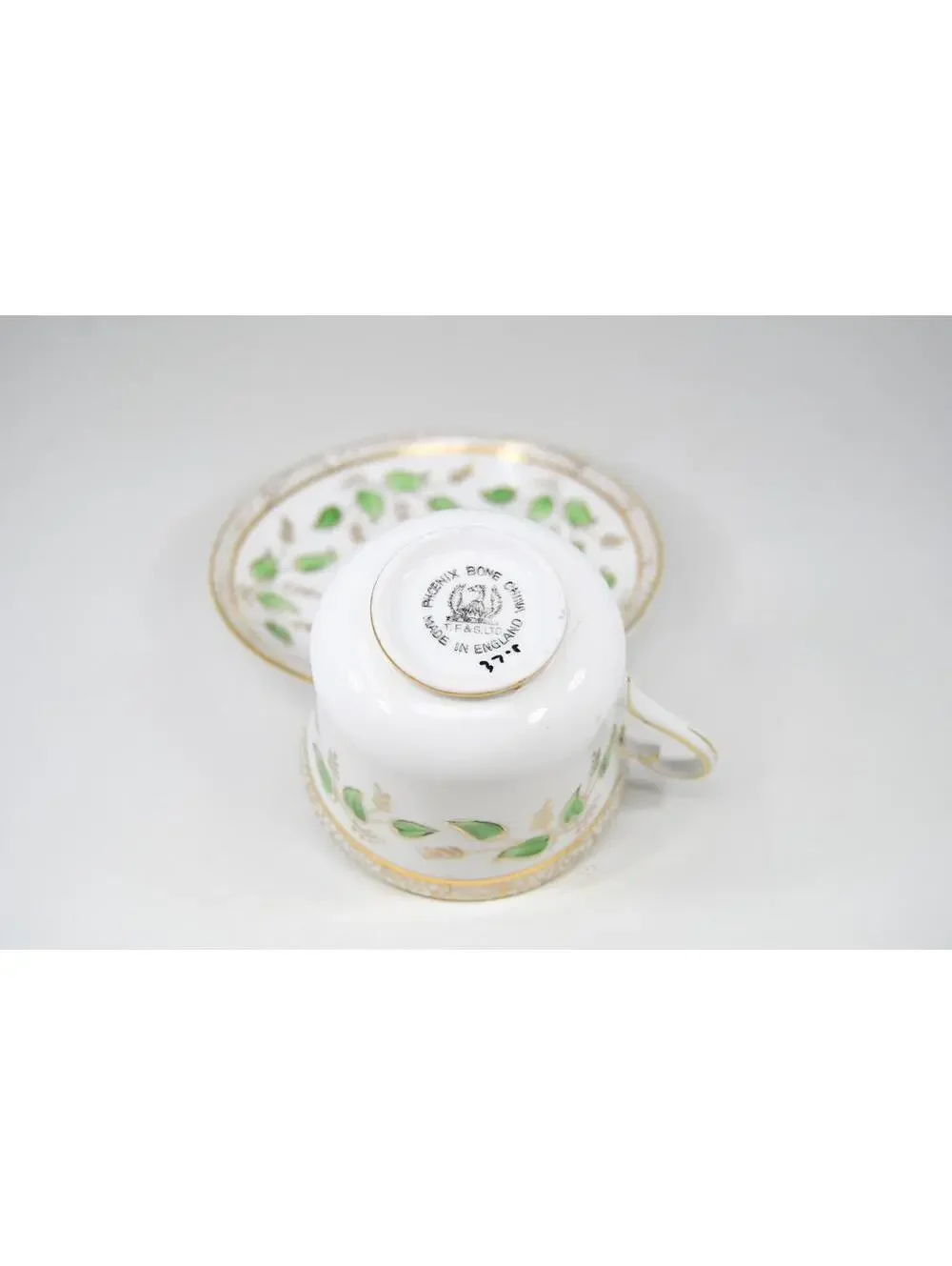 Phoenix Bone China Teacup & Saucer Gold Green Leaf Floral Vintage 1940s England